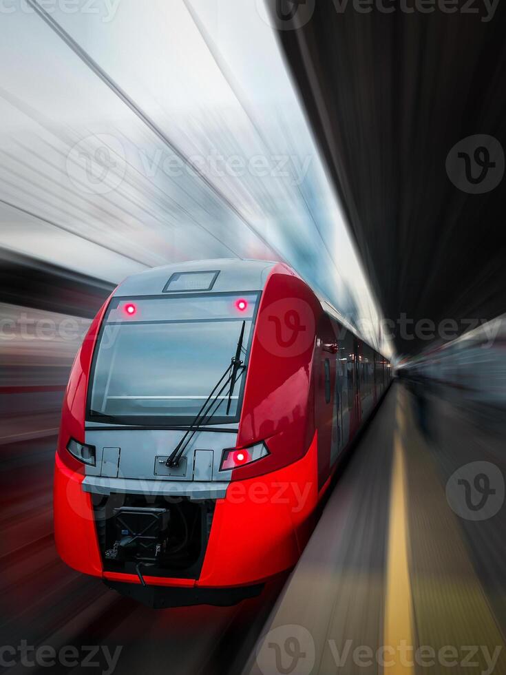 Modern train in motion and blur, Russian Railways trains of Moscow and MCC. Moscow Central Circle, metro, underground. photo