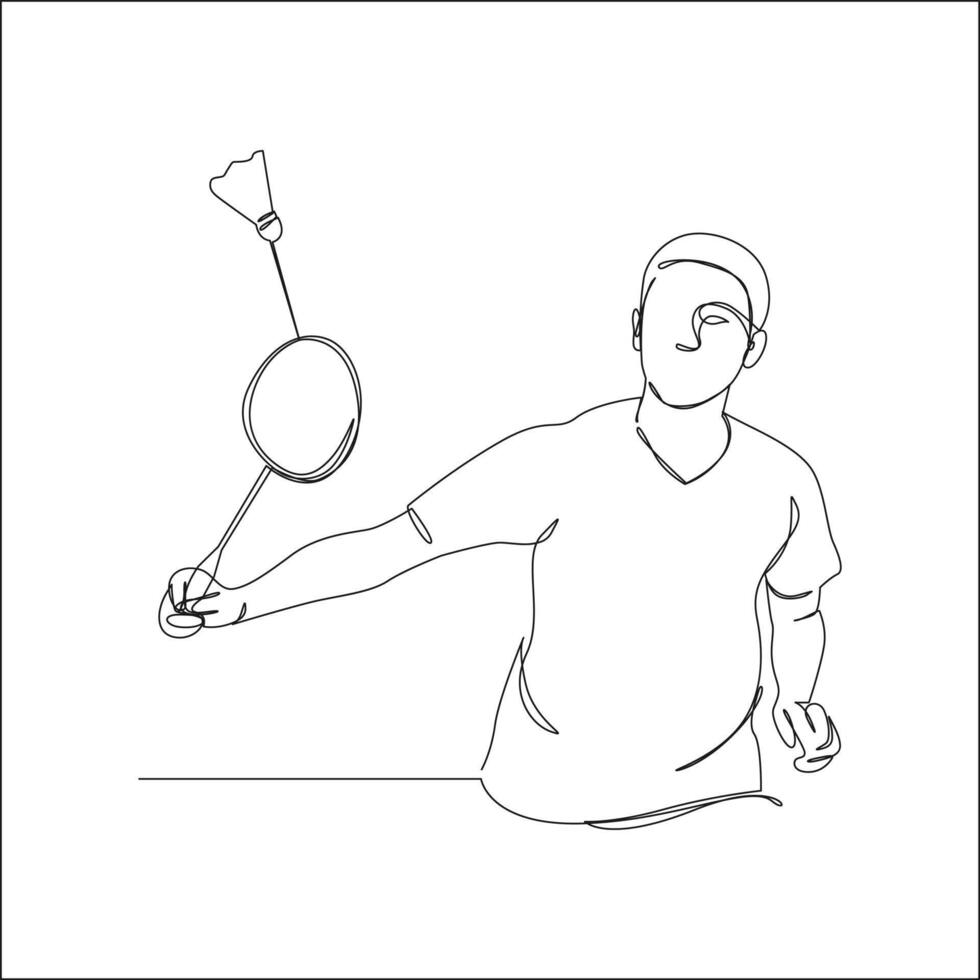 A minimalist line drawing depicts a male badminton player in a dynamic stance, racket ready to strike the shuttlecock. vector