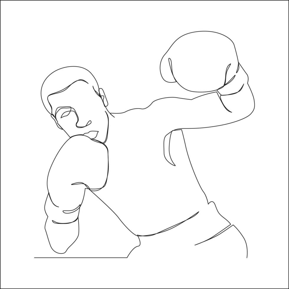 One line drawing of a male boxer dodging and counterpunching, wearing boxing gloves, shown in an expressive and dynamic pose on white background. vector