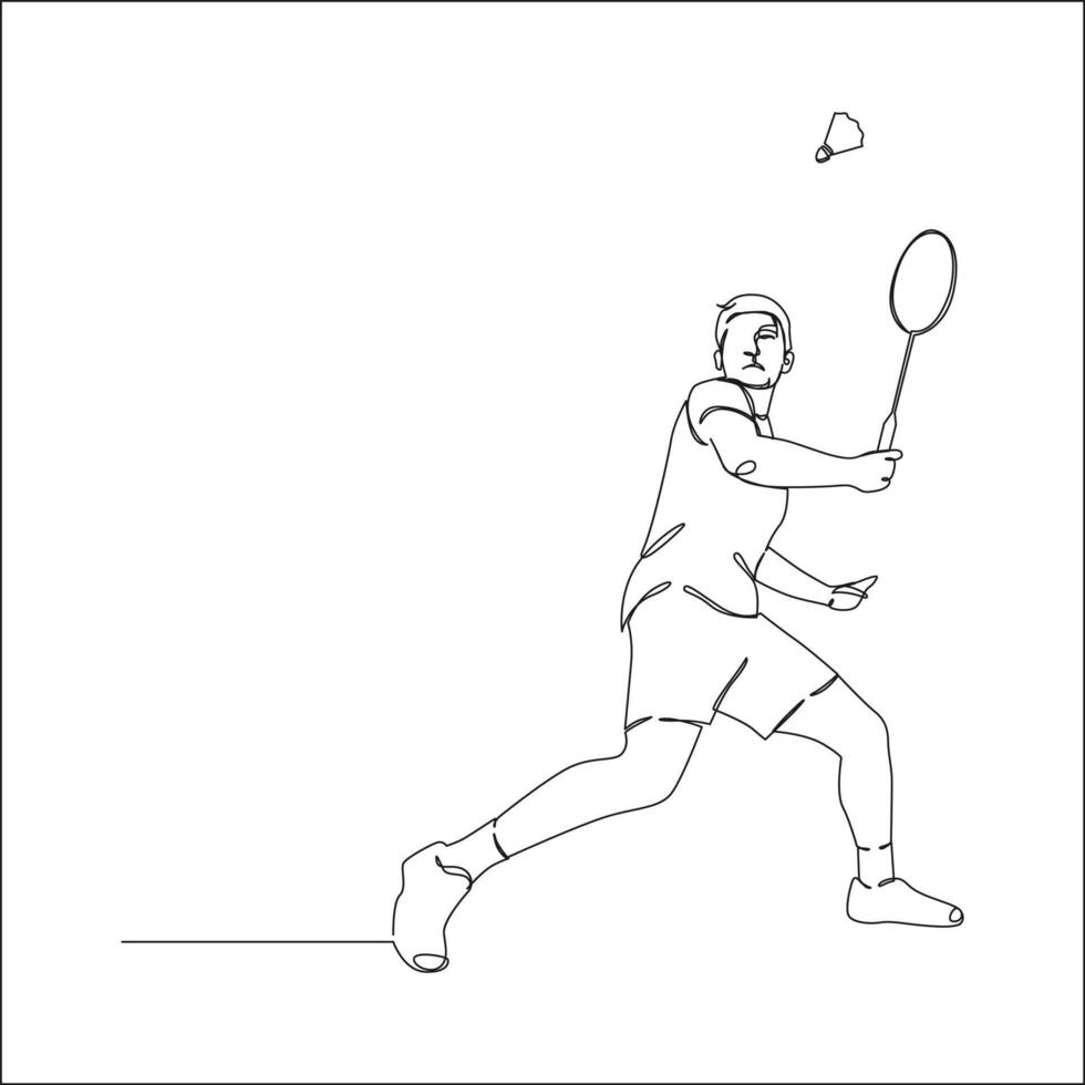 A minimalist line drawing depicts a badminton player in action, racket poised to hit a shuttlecock that is suspended in the air. vector