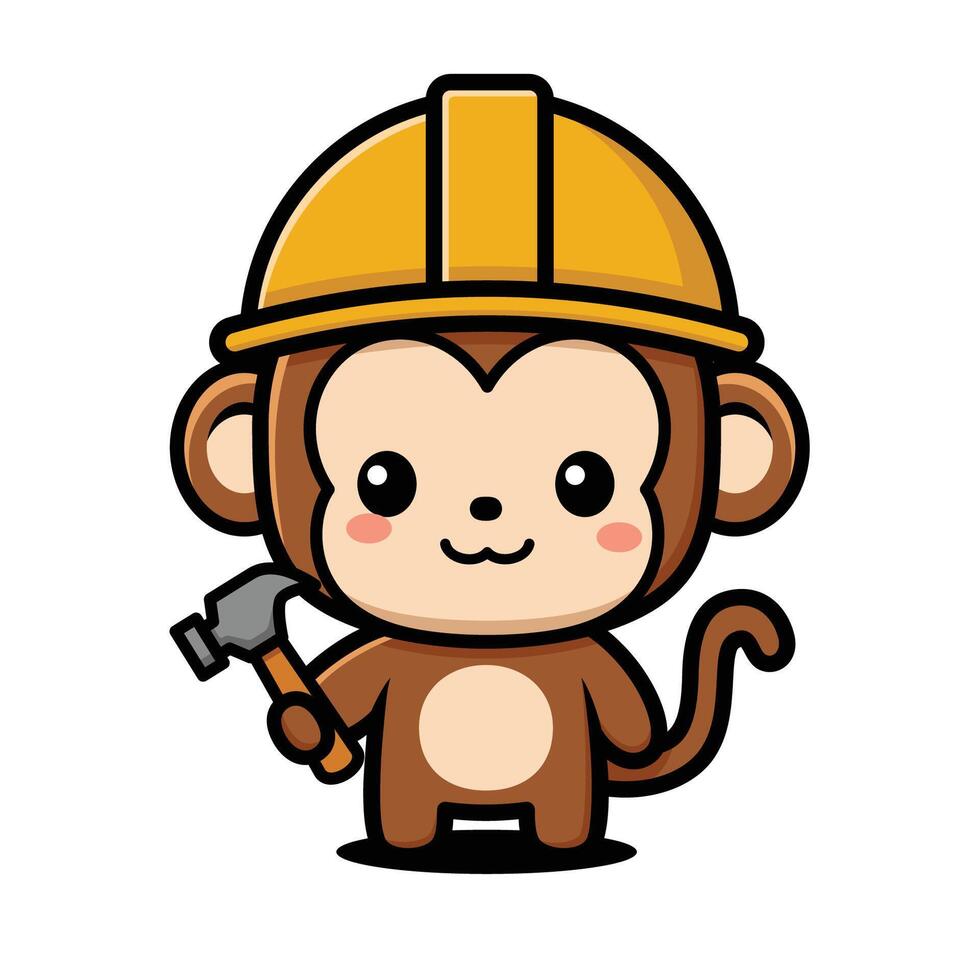 Monkey in construction helmet holding hammer vector