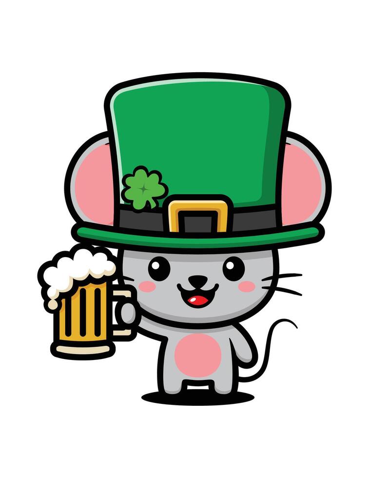 Cute Mouse Cartoon Character Wearing Saint Patrick Hat And Holding A Beer vector