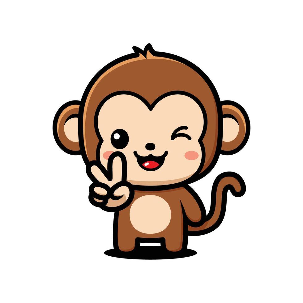 Cute Monkey Cartoon Character Making Peace Sign vector