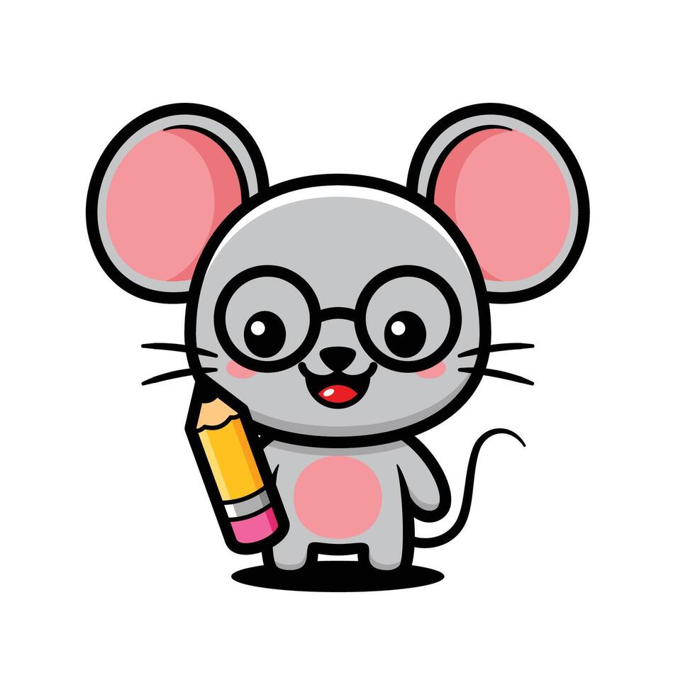 Cute Mouse Cartoon Character Wearing Glasses And Holding A Pencil vector