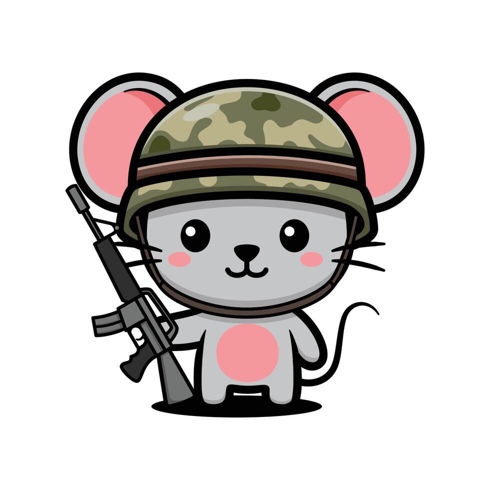 Cute Mouse Cartoon Character In Army Outfit With Rifle Gun vector