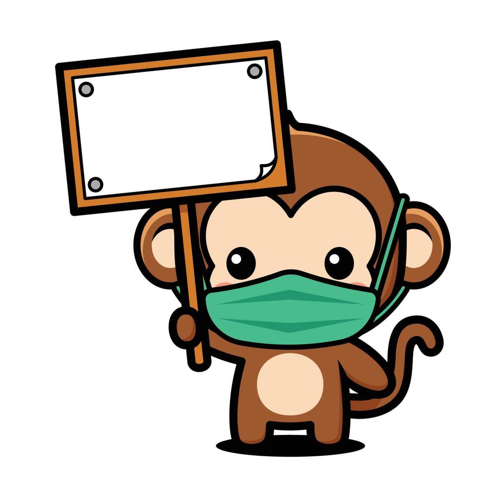 Cute Monkey Cartoon Character Wearing Mask And Holding Board vector
