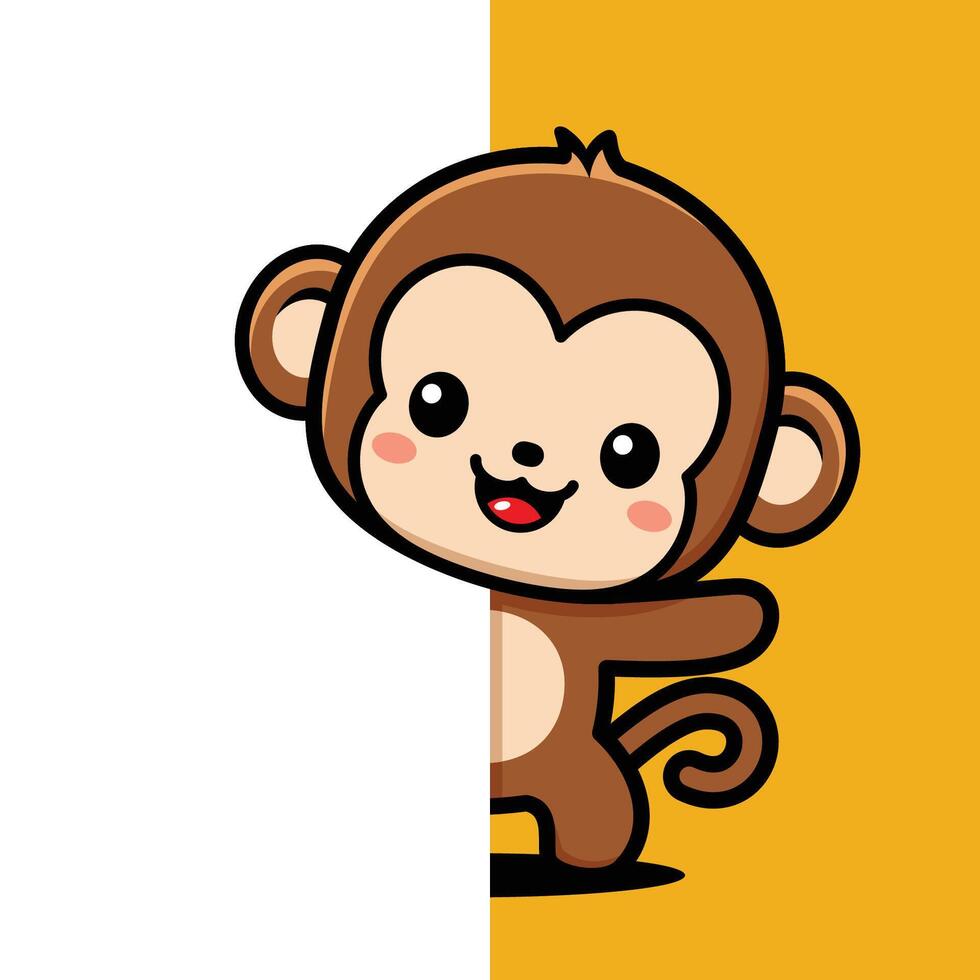 Cute Monkey Cartoon Character Peeking From Behind The Wall vector