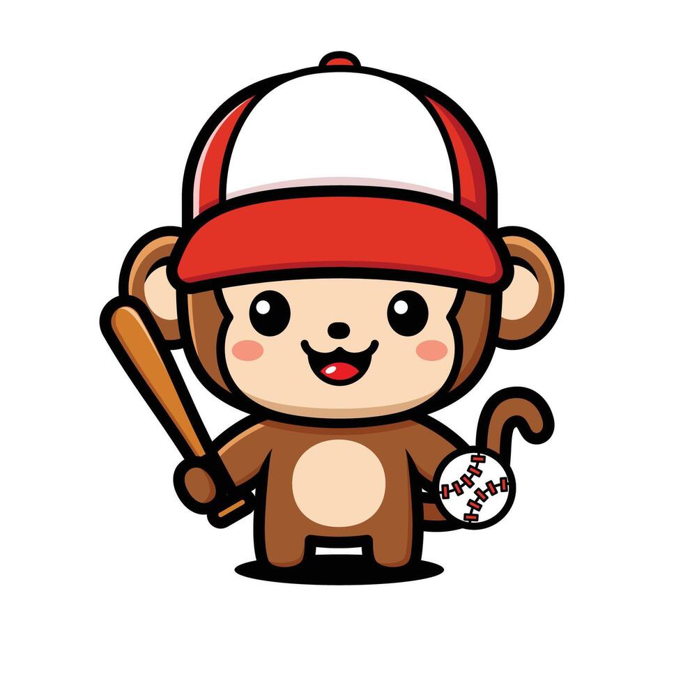 Cute Monkey Cartoon Character Wearing Cap Holding Baseball And Bat vector