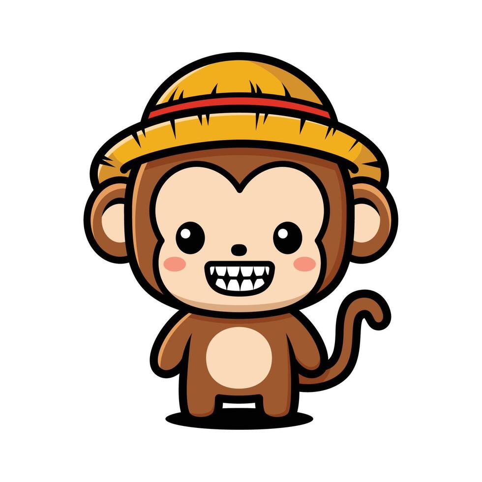 Cute Monkey Cartoon Character Wearing Straw Hat vector