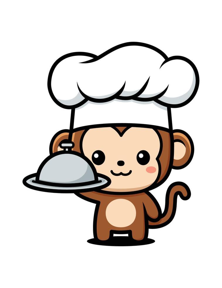 Cute Monkey Cartoon Character In Chef Costume Holding A Plate vector