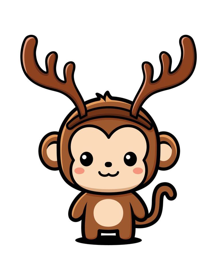 Cute Monkey Cartoon Character Wearing Reindeer Antlers Bandana vector