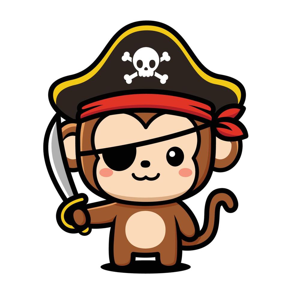 Cute Monkey Cartoon Character In Pirate Costume vector