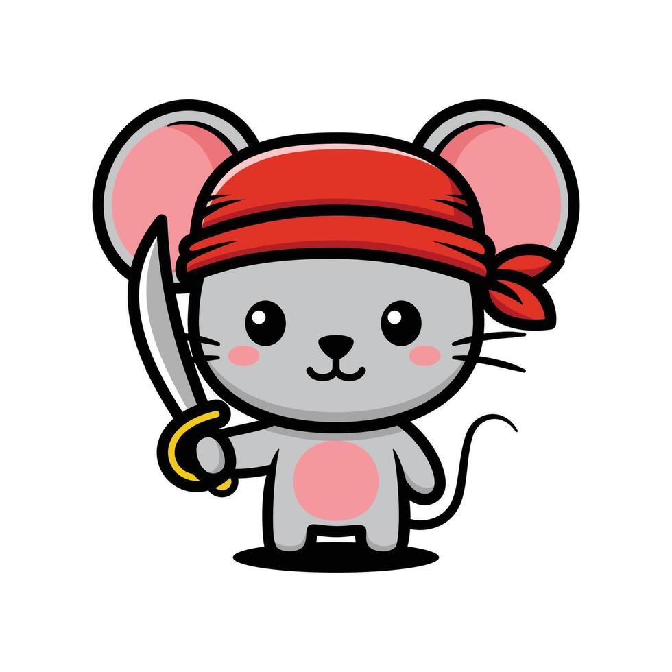 Cute Pirate Mouse Cartoon Character Wearing Bandana And Holding A Sword vector