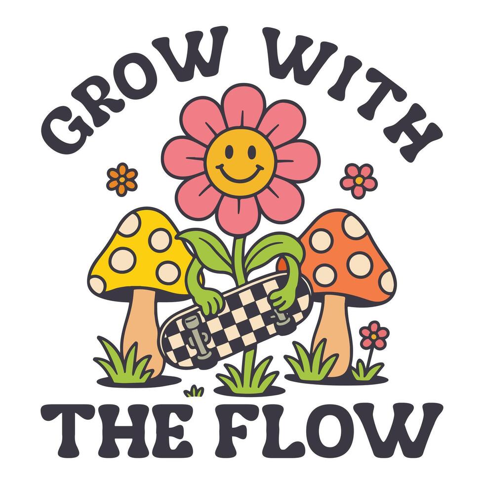 Grow With The Flow - Boho Mental Health t-shirt , Retro Boho Selfcare illustration, Boho Floral Health Care Quotes,Positive Boho sayings vector