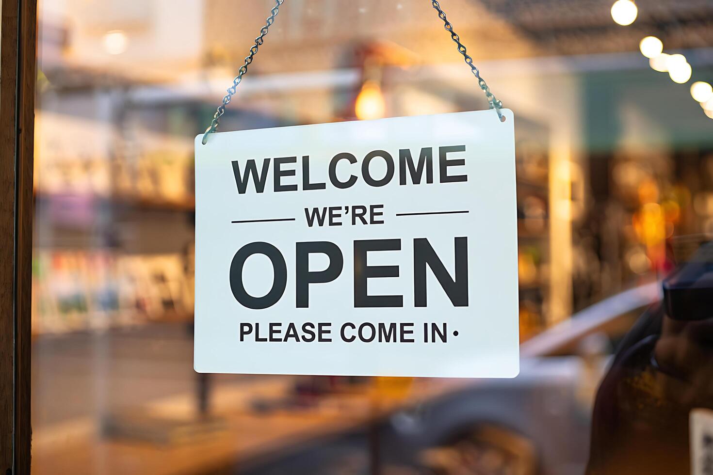 Welcome we re open please come in sign hanging on a storefront window photo