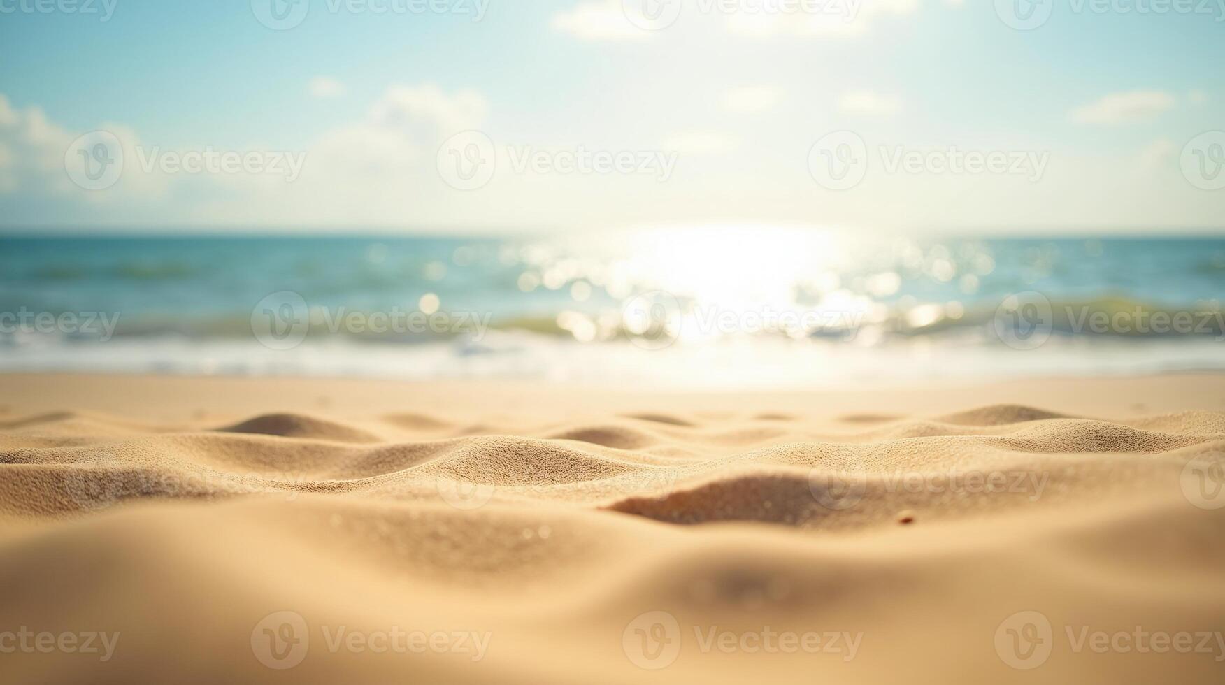 The serene image depicts a beach scene with shimmering sand and a calm sea. photo