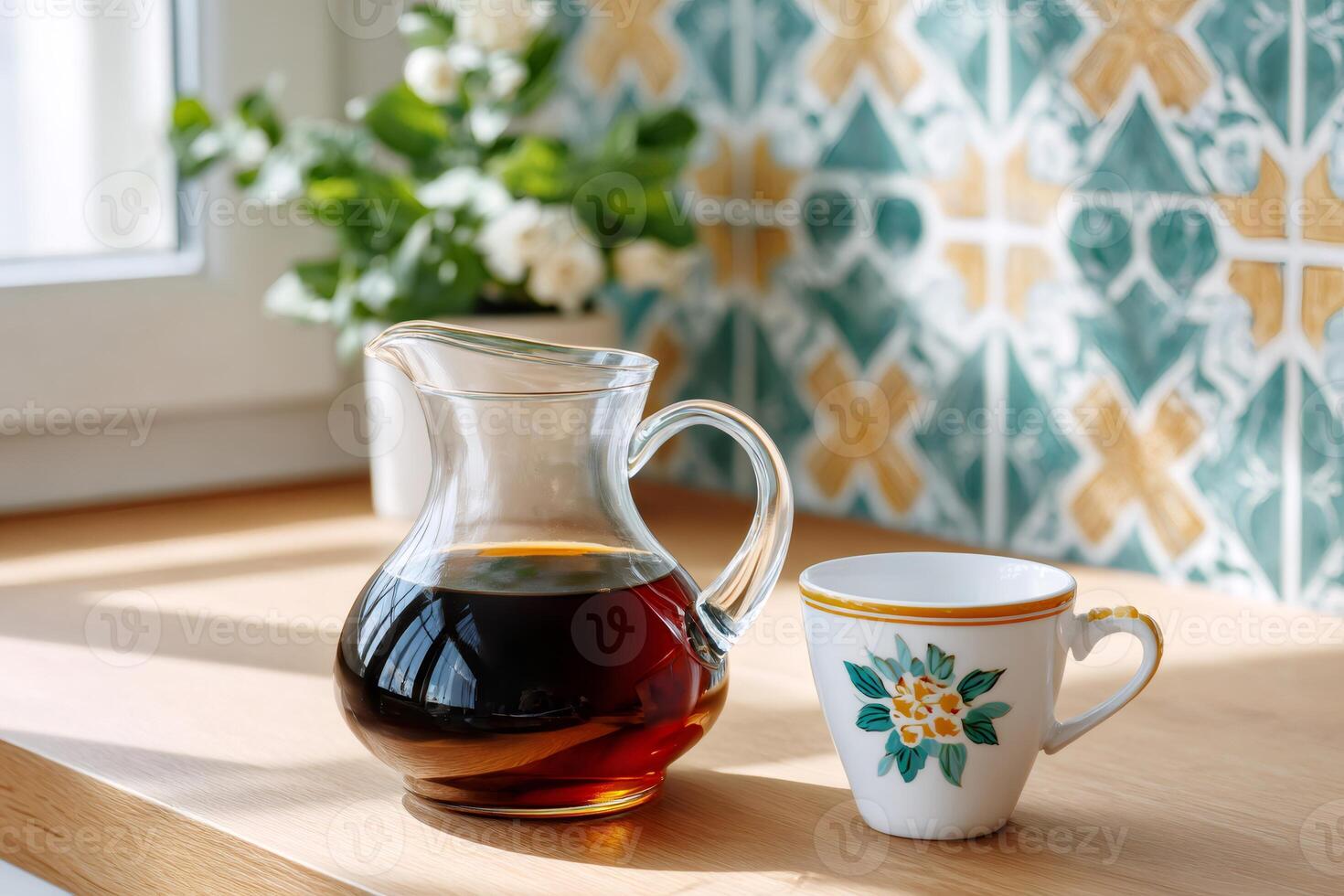 Glass coffee pot and decorated cup sitting on kitchen counter with sunlight photo