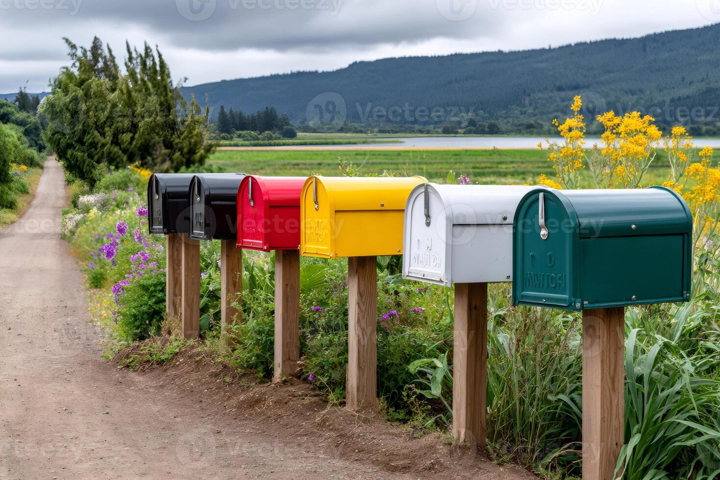 Colorful mailboxes standing in a row by a country road photo