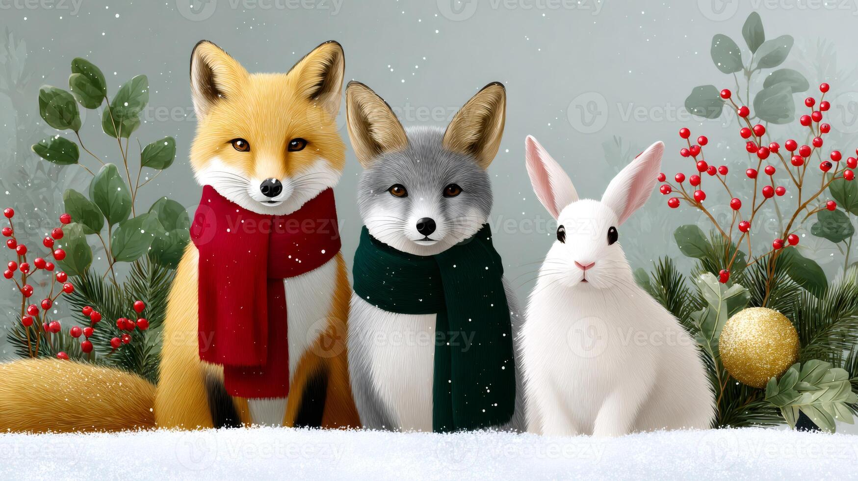 Red fox, corsac fox and white rabbit wearing christmas scarves photo