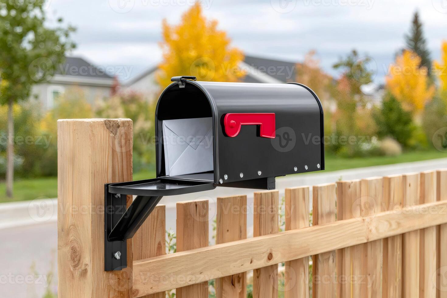 Black mailbox containing mail and attached to wooden fence in residential area photo