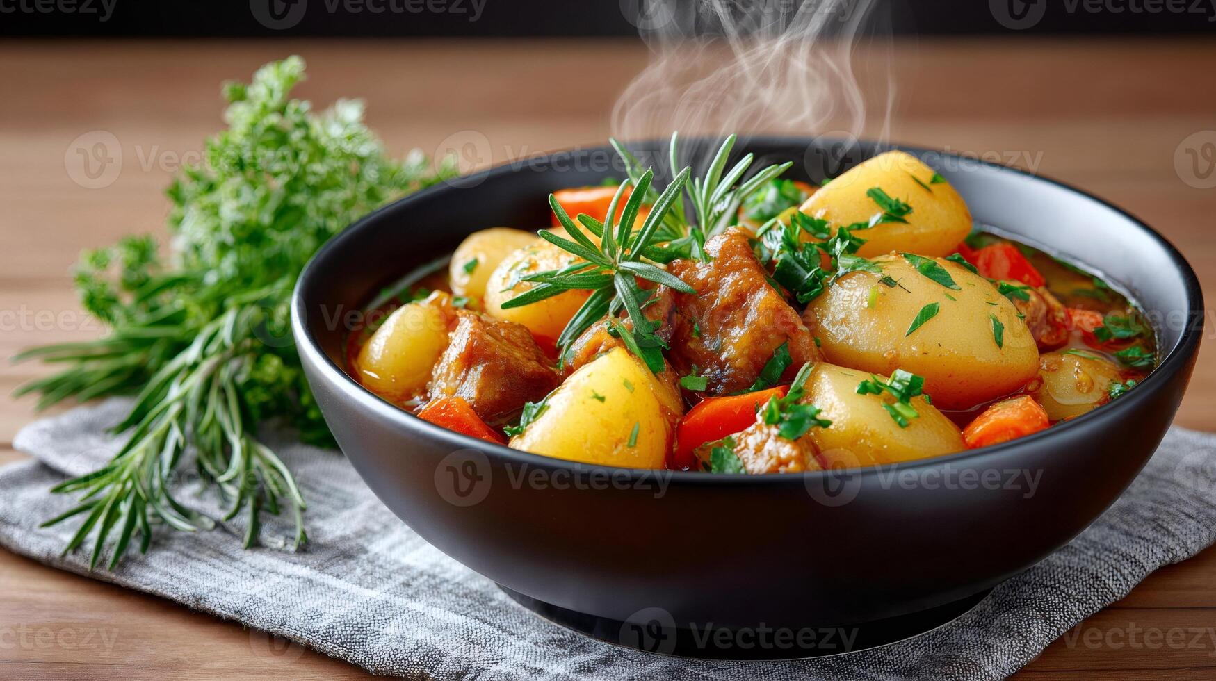 Steaming hot beef stew with potatoes, carrots and rosemary photo