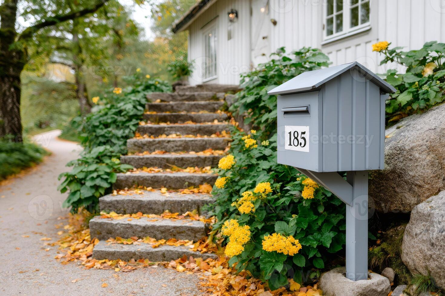Grey mailbox standing next to stone stairs and yellow flowers during autumn photo