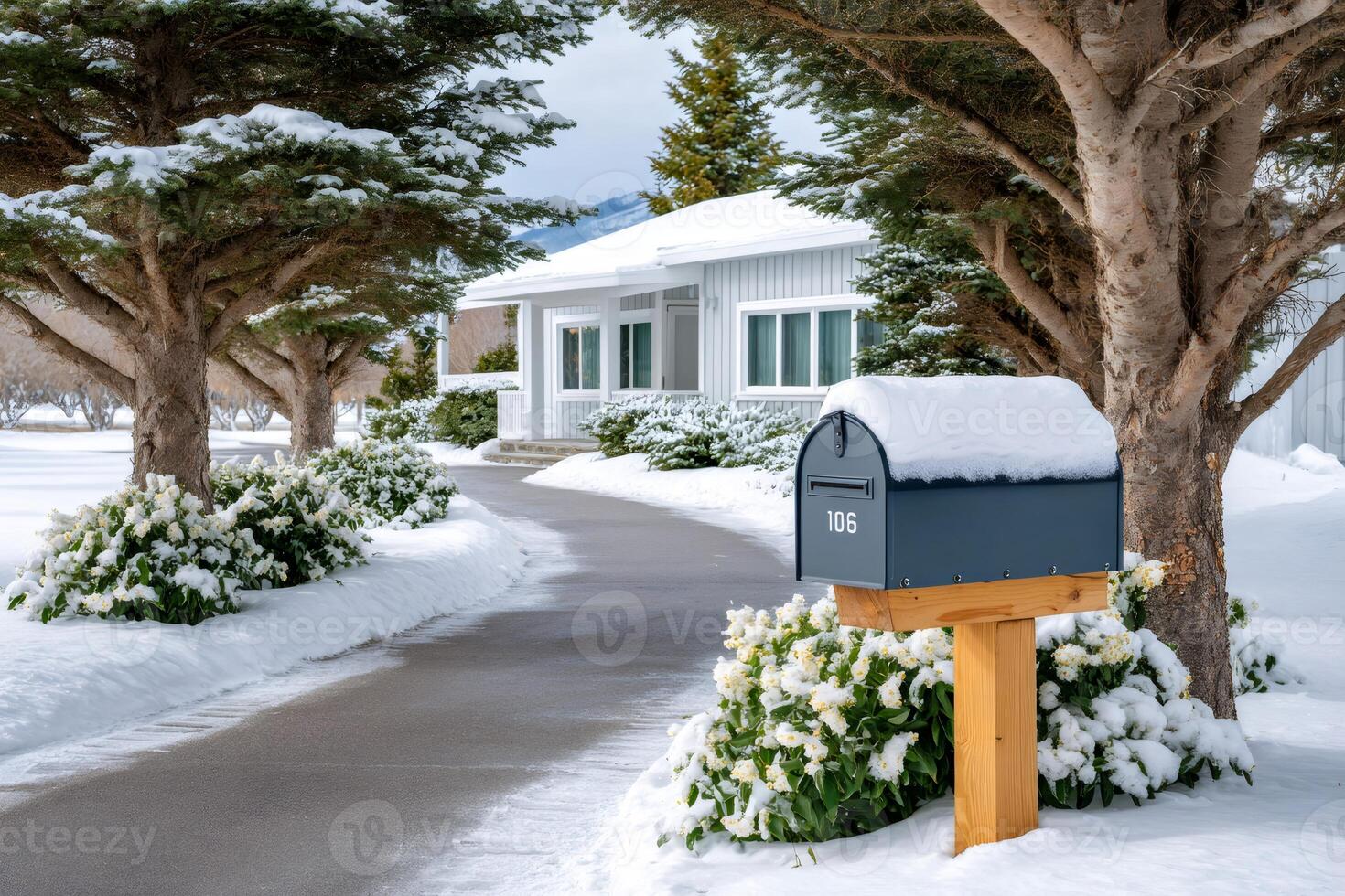 Snow covering mailbox in front of house during winter photo