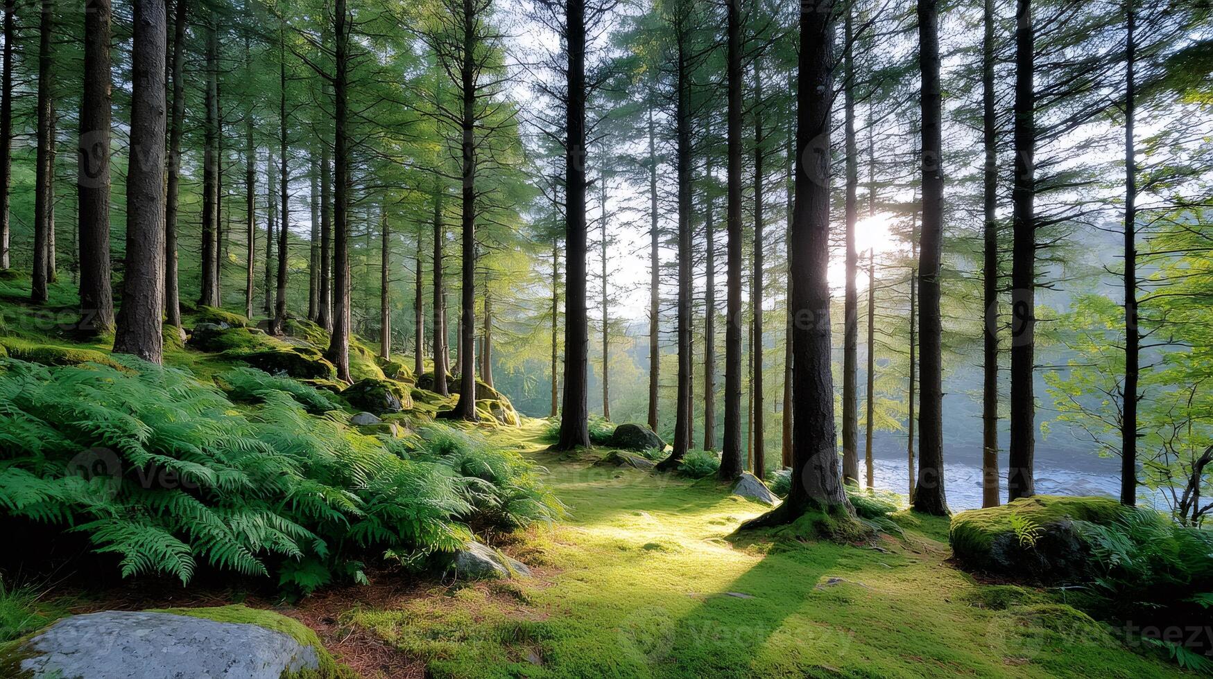 Sun shining through trees in a green forest with ferns and moss photo