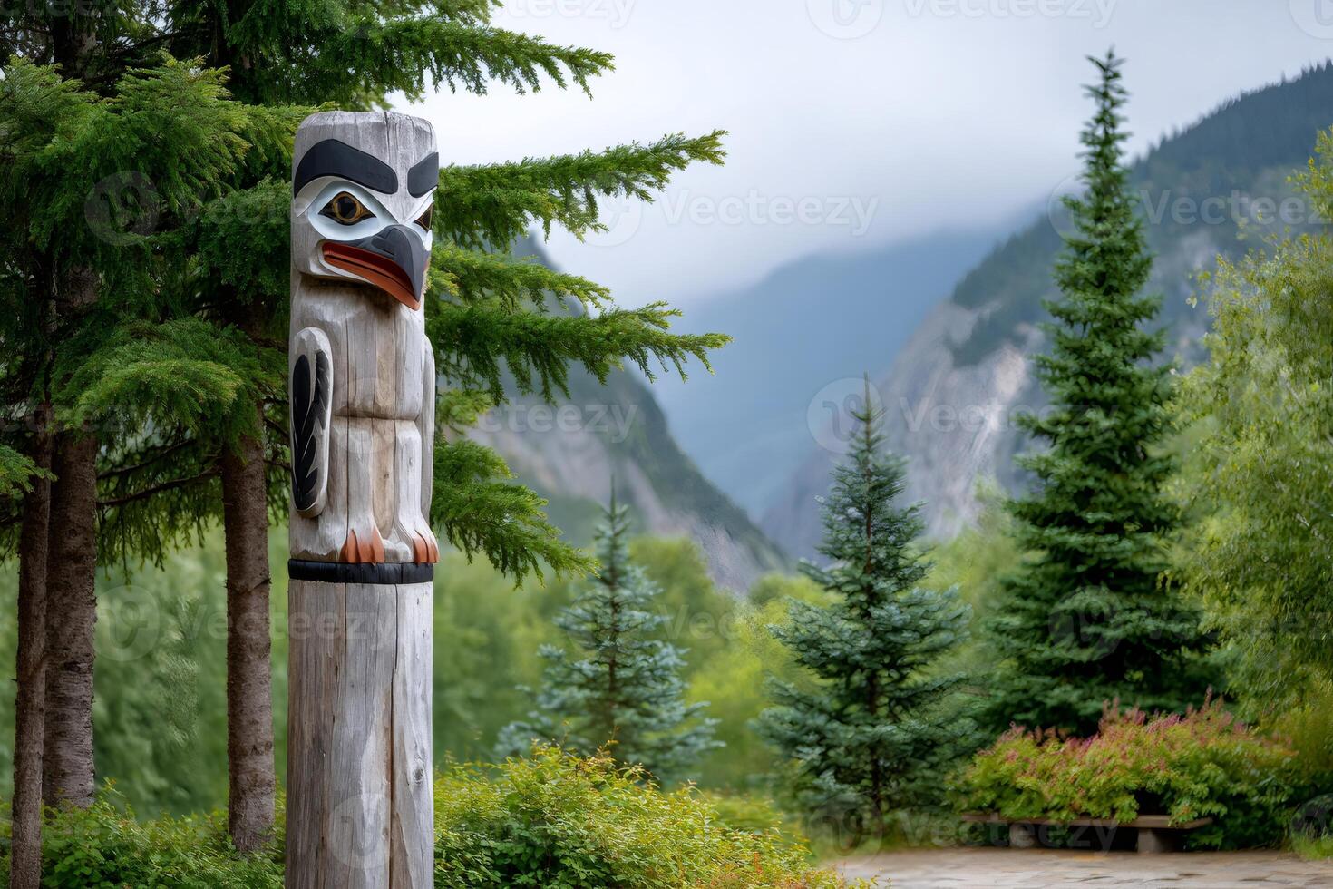 Traditional totem pole standing tall in a scenic mountain landscape photo