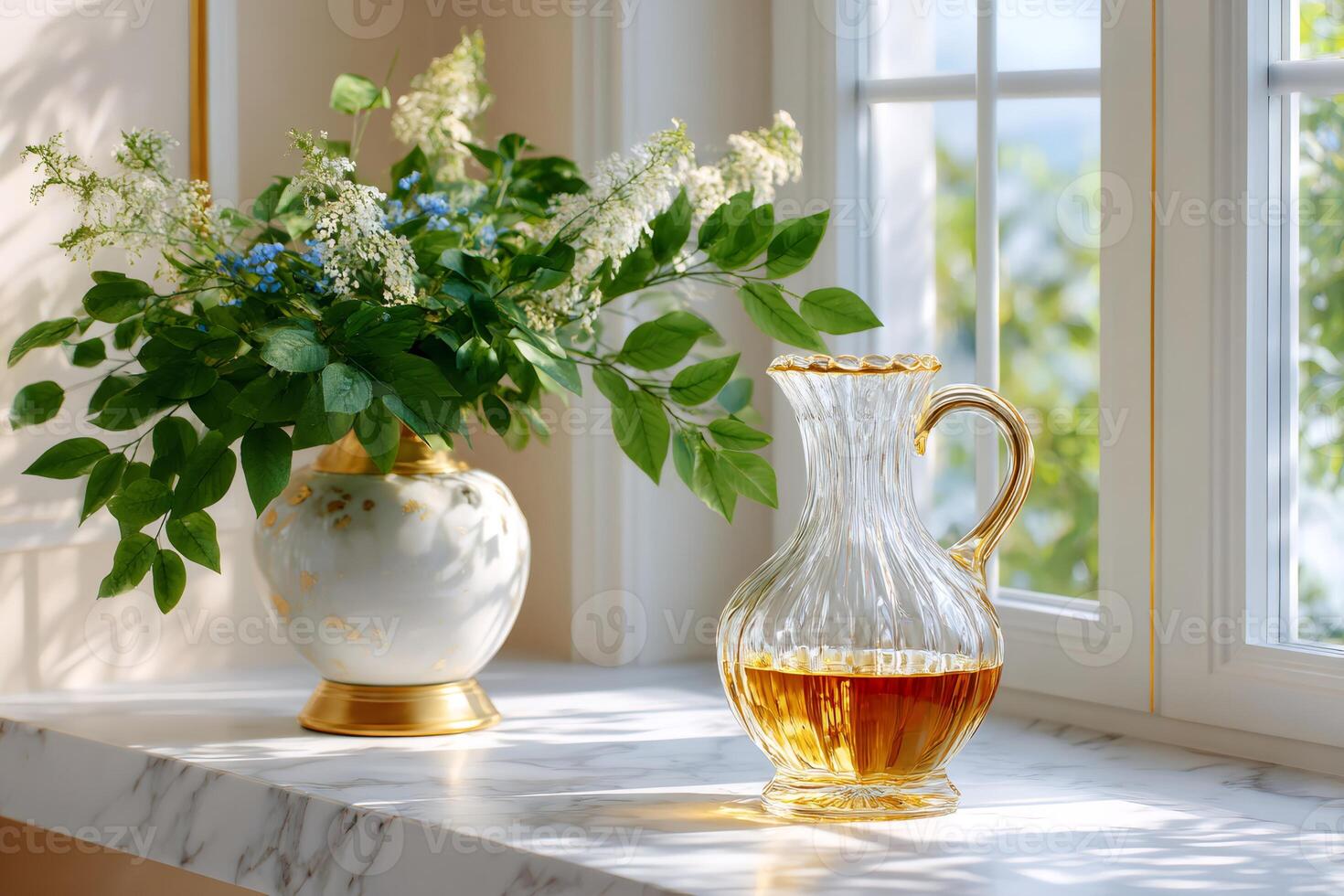 Crystal jug with golden rim containing liquor and white and blue bouquet by the window photo