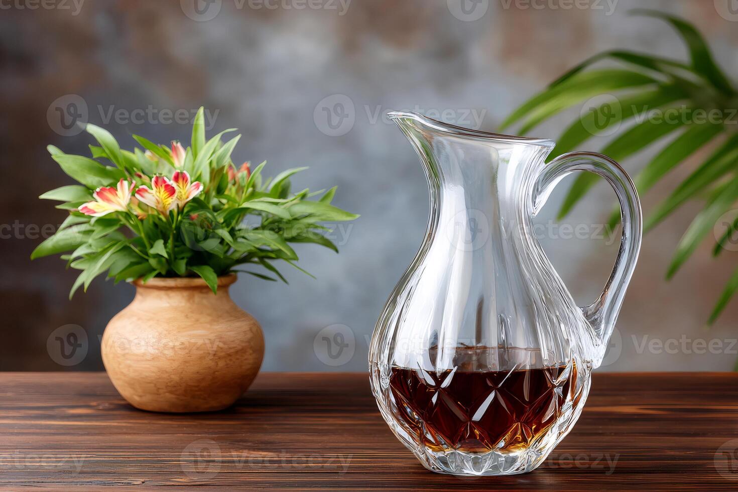 Crystal jug containing liquor on wooden table with flowers photo