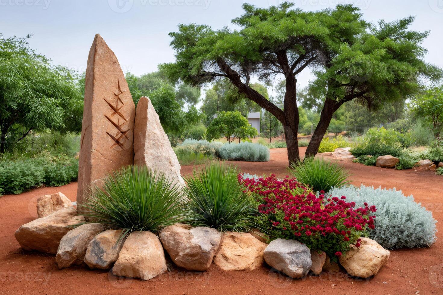 Stone sculpture standing in a xeriscaped garden with native Australian plants photo