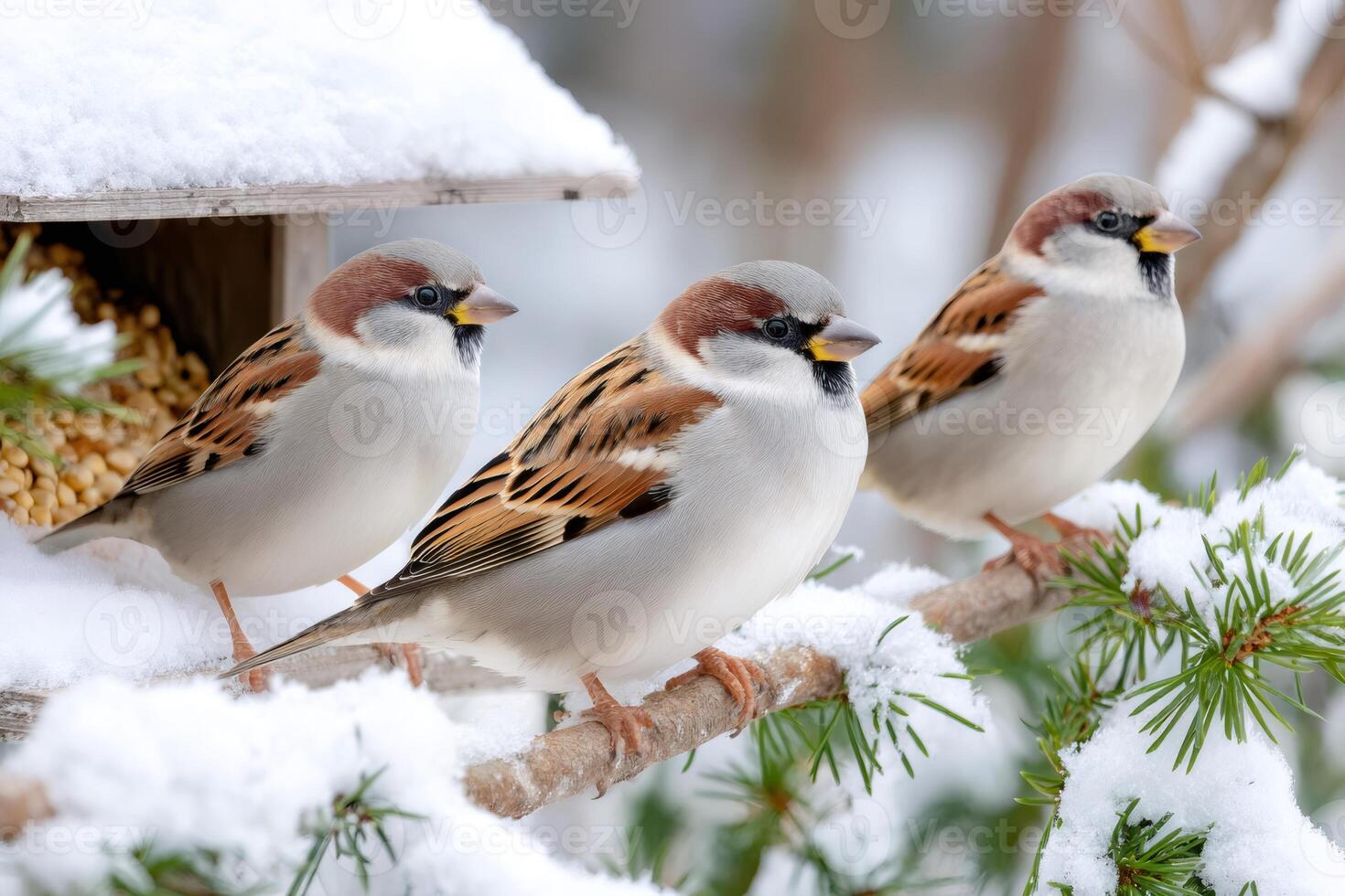 House sparrows perching on snowy pine tree branch near bird feeder photo