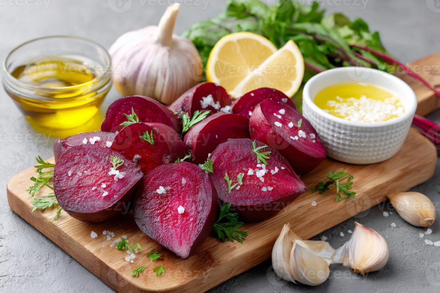 Ingredients for preparing a healthy beetroot salad seasoned with salt and olive oil photo