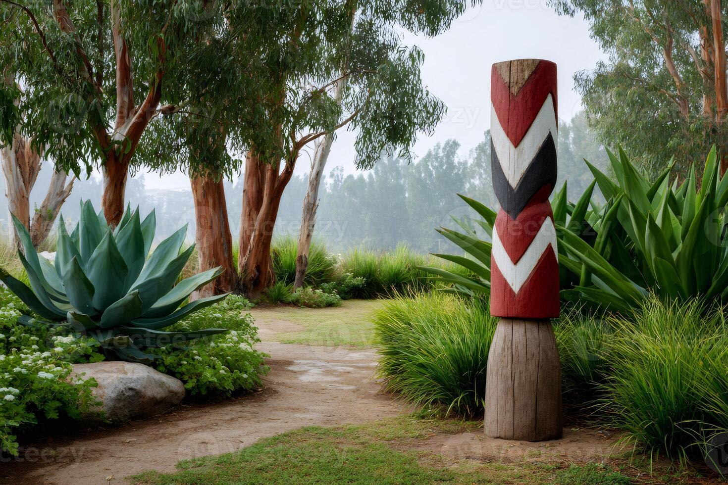 Aboriginal decorated wooden pole standing in a botanical garden photo