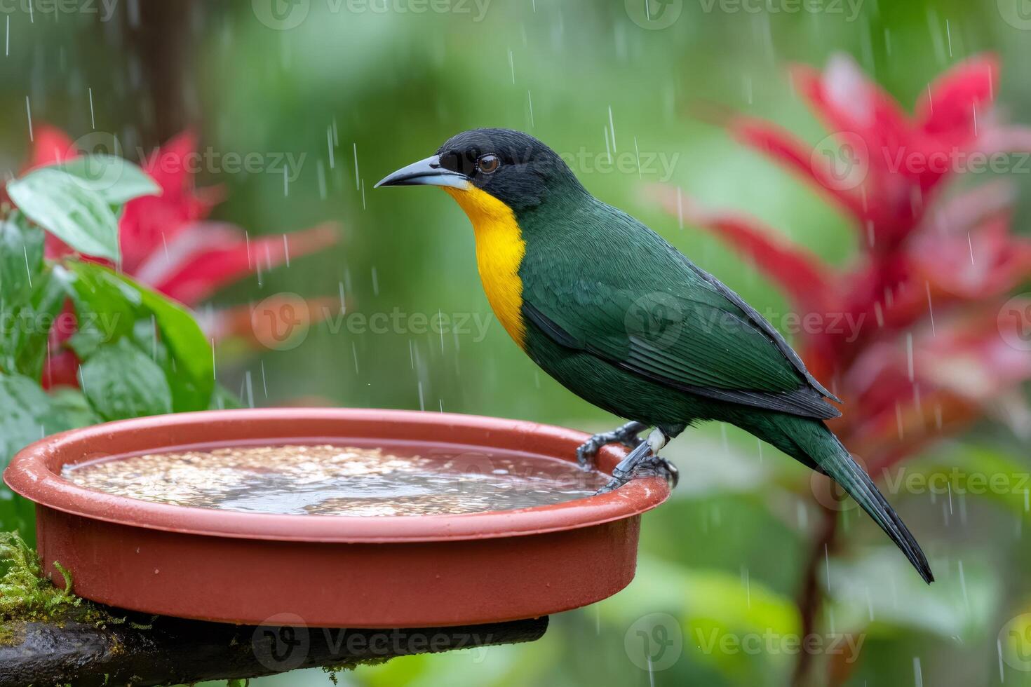 Euphonia laniirostris perched on bird feeder under tropical rain photo