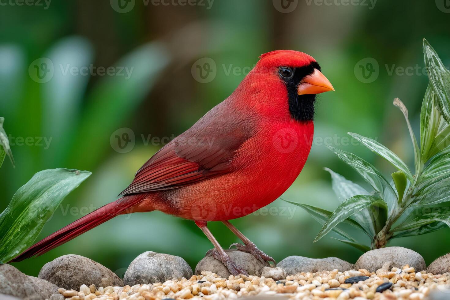 Northern Cardinal bird resting on stones in a natural environment photo