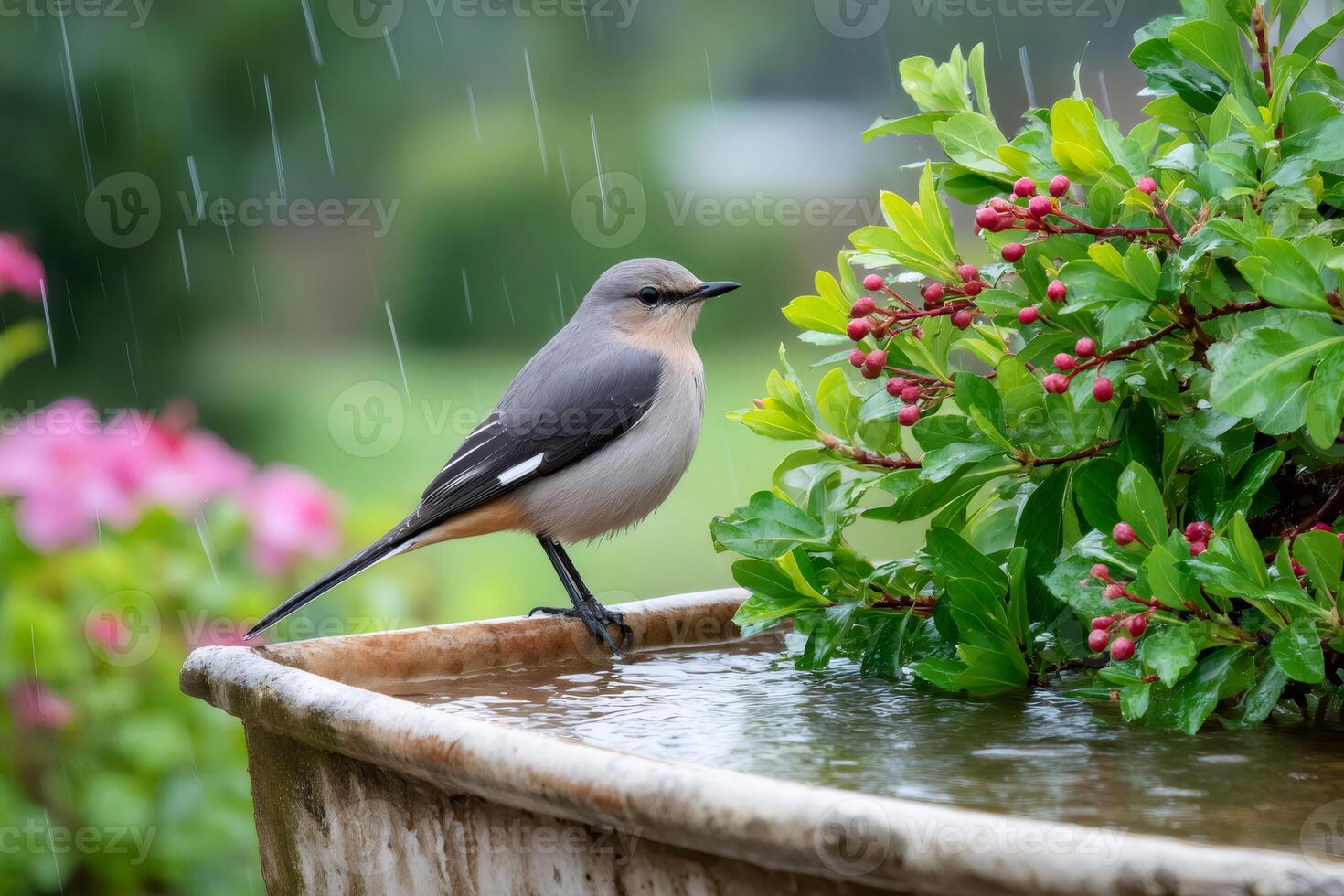 Bird enjoying the rain in a bird bath photo