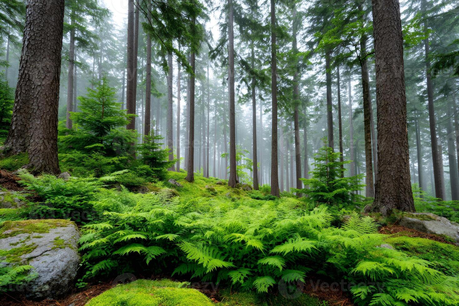 Magic atmosphere of foggy forest with ferns and moss covering the ground photo