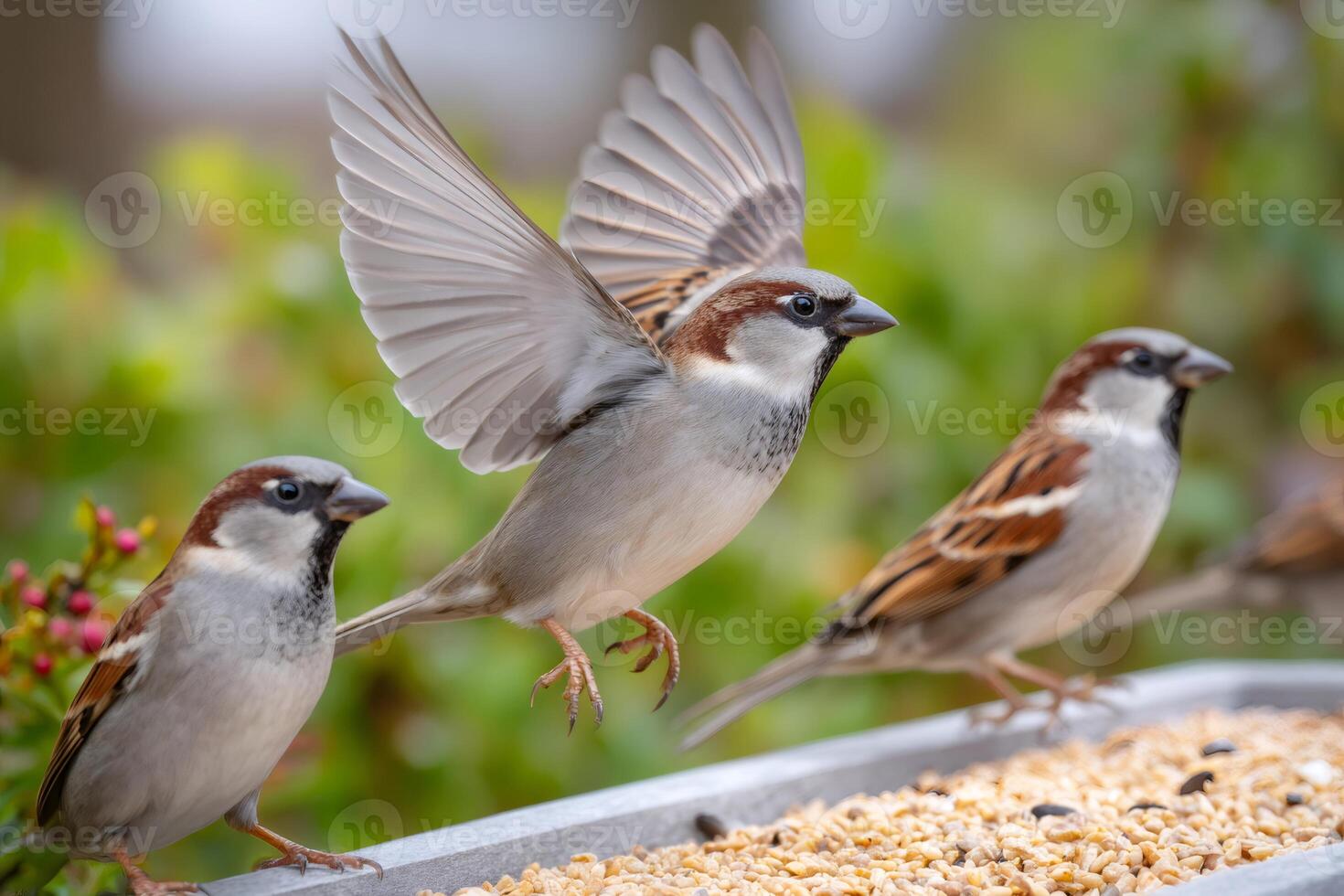 House sparrow landing on bird feeder with spread wings photo