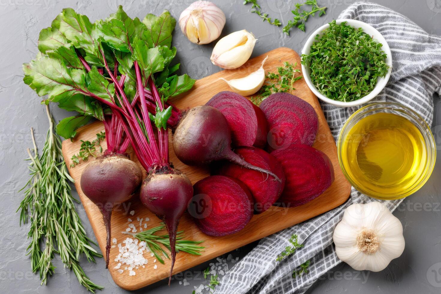 Raw beetroot with garlic, rosemary, thyme and olive oil lying on wooden cutting board photo