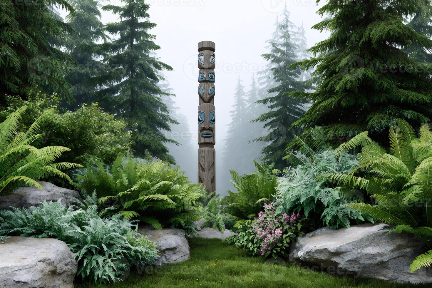 Totem pole standing in a mysterious foggy forest. photo