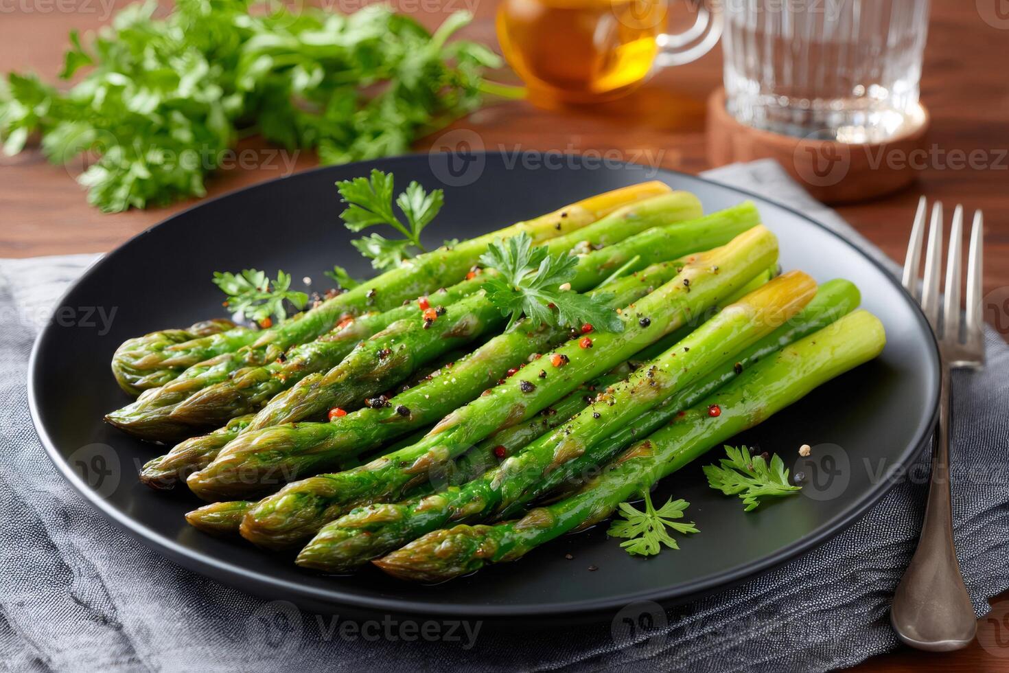 Grilled asparagus seasoned with salt and pepper lying on black plate photo