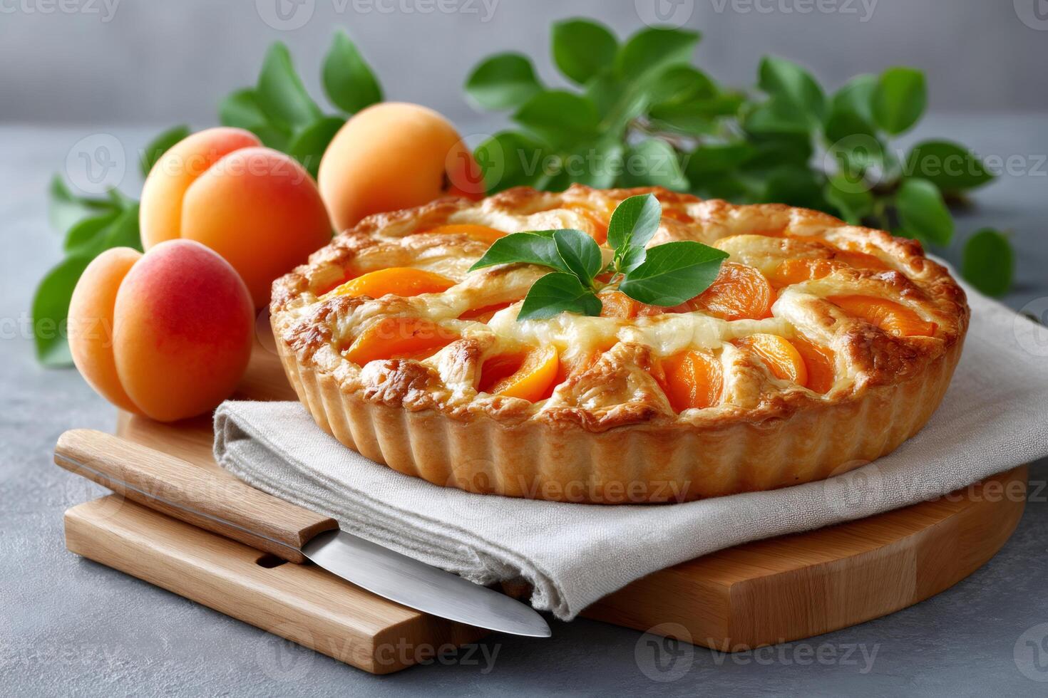 Delicious homemade apricot pie resting on wooden board photo