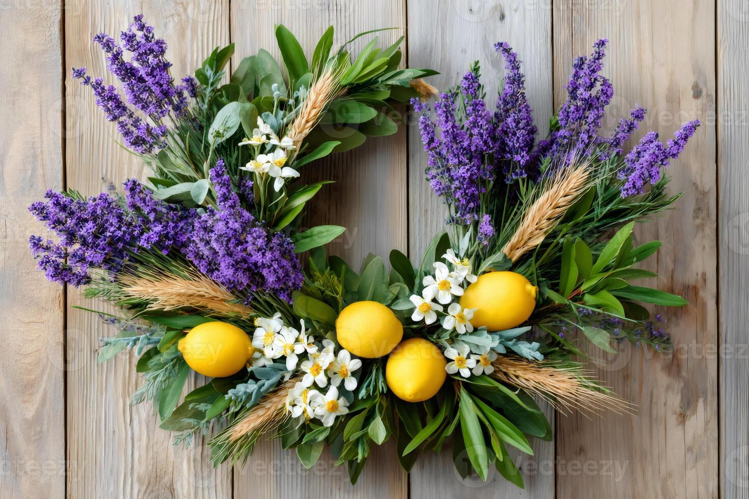 Beautiful decorative summer wreath with lavender, lemons and wheat on rustic wooden background photo