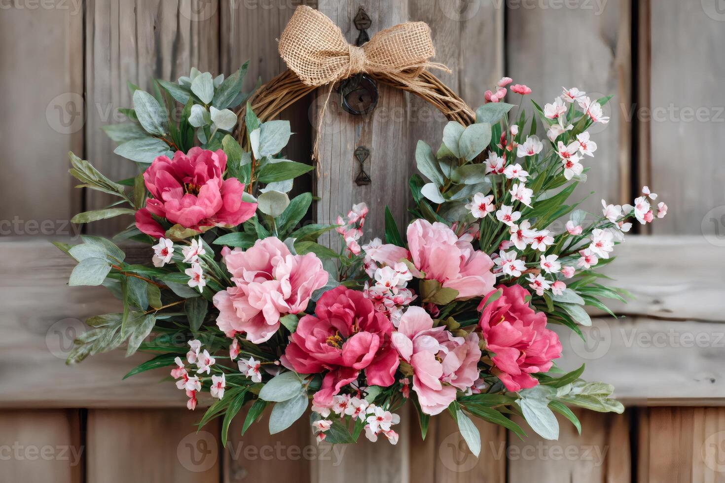 Beautiful pink peony and eucalyptus spring wreath hanging on rustic wooden door photo