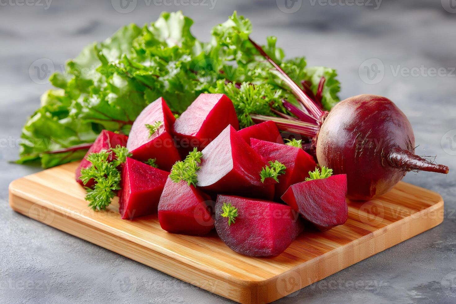 Freshly cut beetroot on wooden board with parsley and green leaves photo