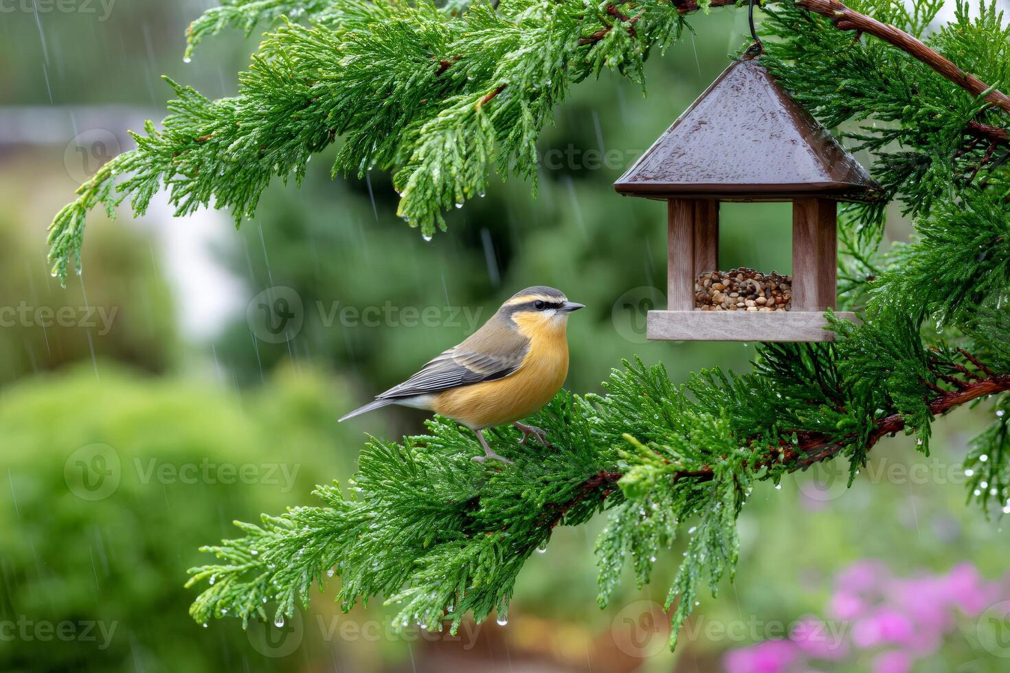 Buff-rumped Thornbill perched on a branch during rain, with a bird feeder nearby photo