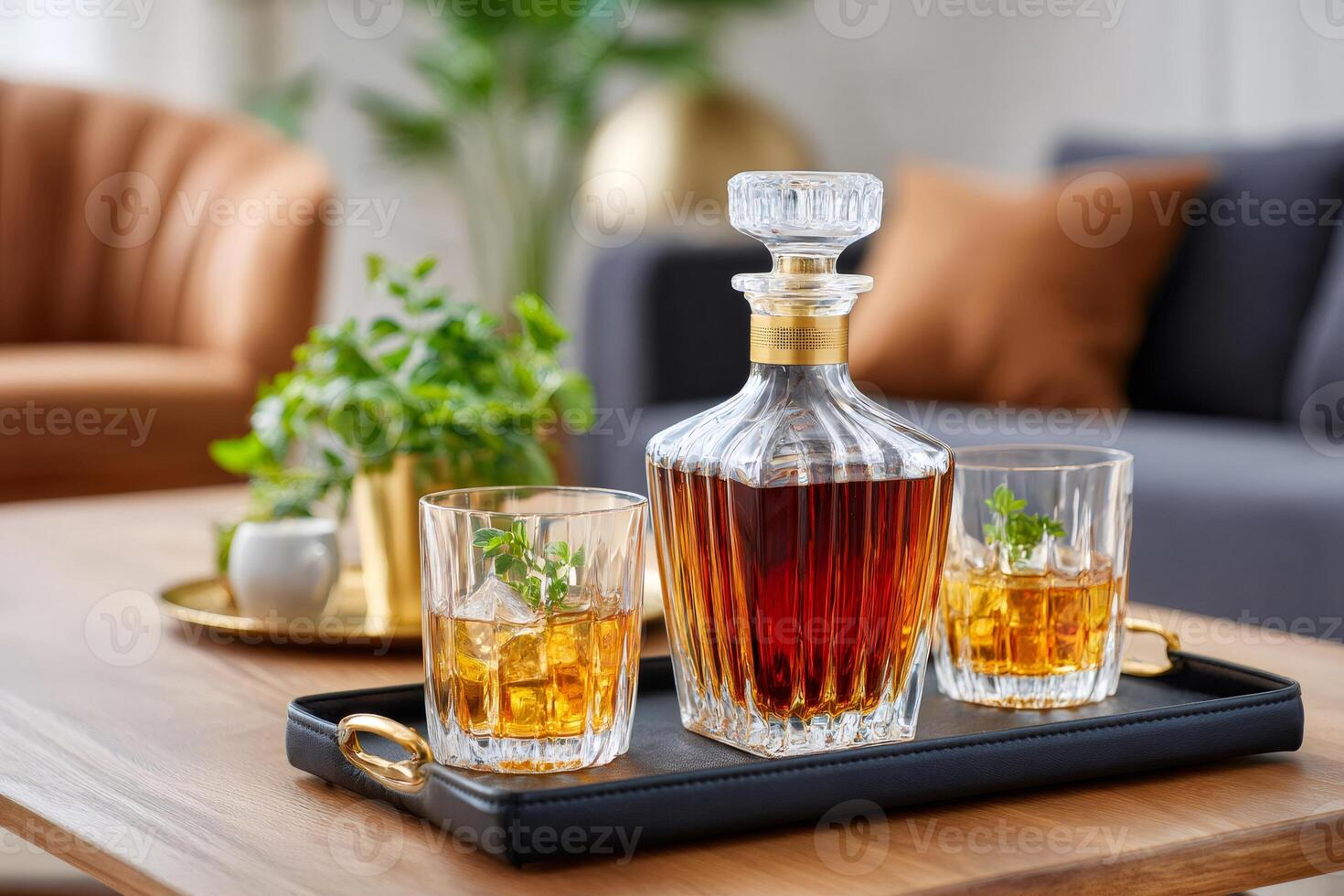 Crystal decanter and glasses with whisky, ice and herbs on a tray in a modern living room photo