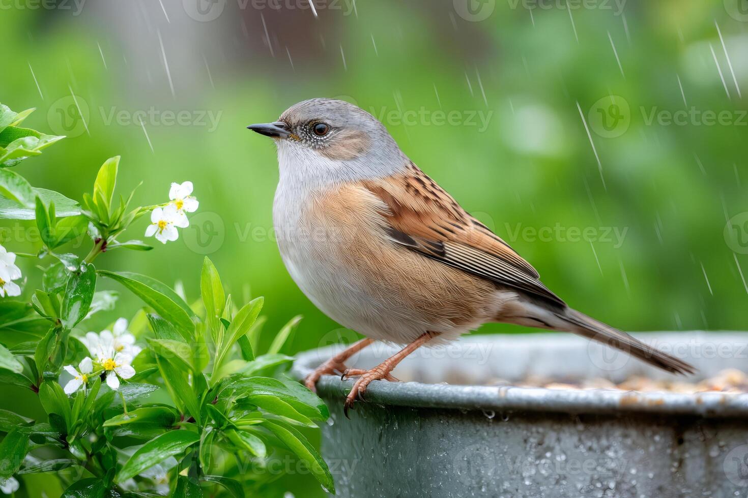 Dunnock perched on bird feeder under summer rain photo